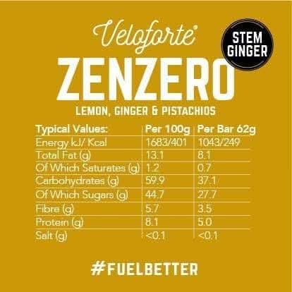 Veloforte Zenzero Energy Bar - Lemon, Ginger and Pistachios - 9 count x 62g - 5gr plant protein, 37gr Carbs, Digestion calming Stem Ginger, Rich in Dual Carbohydrates, All Natural, Vegan, Gluten Free