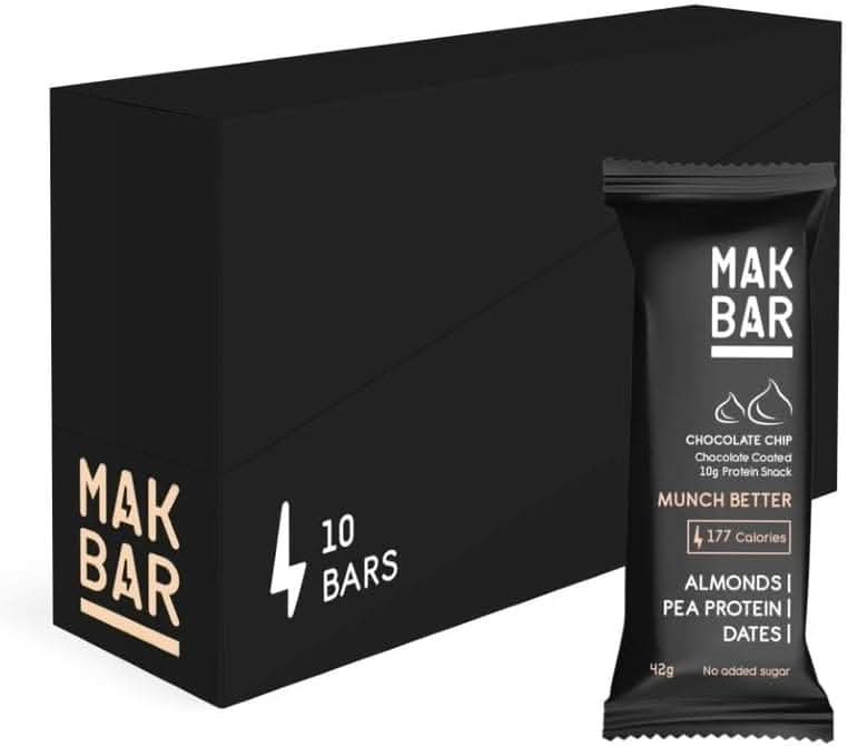MAK BAR Chocolate Chip Protein bar - 10 count x 42g - 10gr protein snack - 177 calories - Almonds, Pea Protein & Dates - No added sugar, High Fibre, Vegetarian, Gluten Free