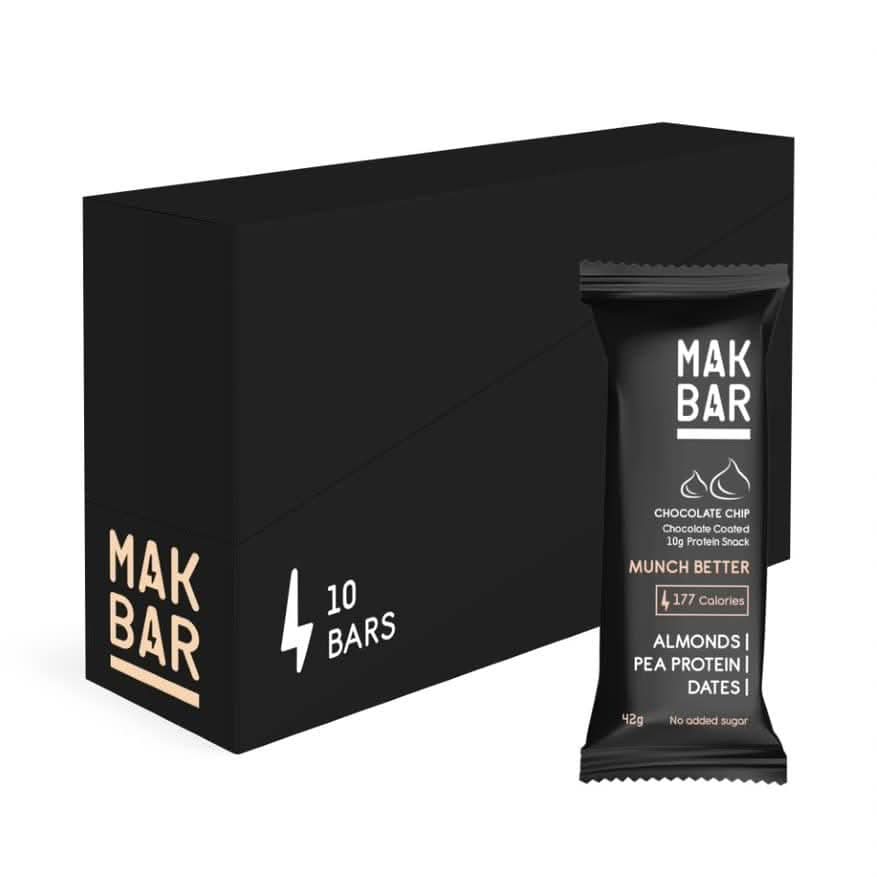 MAK BAR Chocolate Chip Protein bar - 10 count x 42g - 10gr protein snack - 177 calories - Almonds, Pea Protein & Dates - No added sugar, High Fibre, Vegetarian, Gluten Free