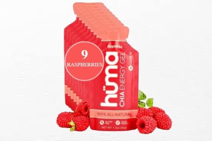 Huma Chia Energy Gel - Raspberries - 9 count x 42g - 21gr Carbs, 105mg Sodium, 1x Caffeine, 25mg Caffeine, 100% All Natural, Vegan, Gluten Free, No Stomach Problems, Great Taste, Easy Digestion