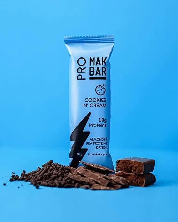 MAK BAR Pro Protein Bar - (Cookies 'N' Cream Flavour)- 12 count x 55g - 18gr protein snack, 218 Calories - Almonds, Pea Protein & Dates, No added sugar, High Fibre, Vegetarian, Post Workout Meal