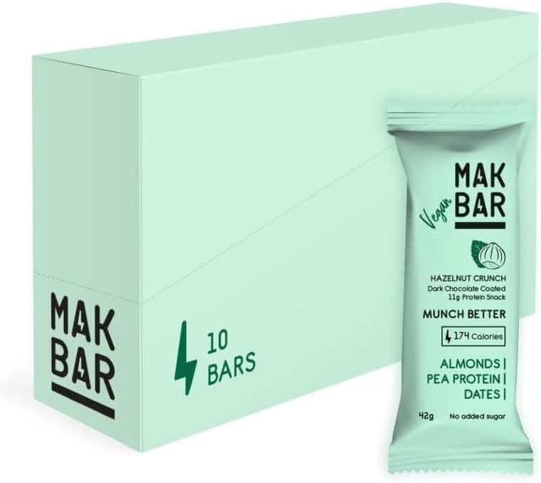 MAK BAR Vegan Protein Bar - Hazelnut Crunch Flavor - 10 count x 42g - 11gr protein snack, 174 calories - Almonds, Pea Protein & Dates, No added sugar , High Fibre, Vegan, Gluten Free