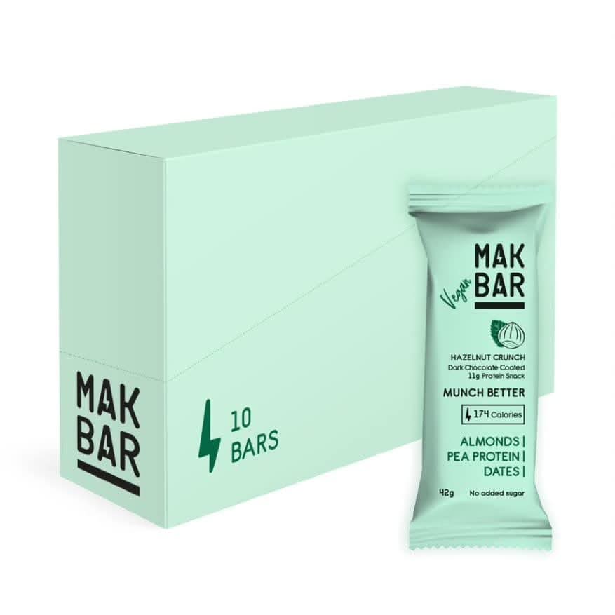 MAK BAR Vegan Protein Bar - Hazelnut Crunch Flavor - 10 count x 42g - 11gr protein snack, 174 calories - Almonds, Pea Protein & Dates, No added sugar , High Fibre, Vegan, Gluten Free