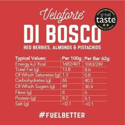 Veloforte Di Bosco Energy Bar - Red Berries, Almonds and Pistachios - 9 count x 62g - 5gr plant protein, 40gr Carbs, Rich in Dual source Carbohydrates, 100% Natural, Vegan, Gluten Free