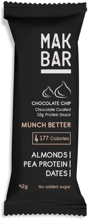 MAK BAR Chocolate Chip Protein bar - 10 count x 42g - 10gr protein snack - 177 calories - Almonds, Pea Protein & Dates - No added sugar, High Fibre, Vegetarian, Gluten Free