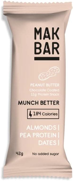 MAK BAR Peanut Butter Protein bar - 10 Count x 42g - 11gr protein snack, 184 calories - Almonds,Pea Protein & Dates,No added sugar ,High Fibre, Vegetarian, Gluten Free,Chocolate Coated
