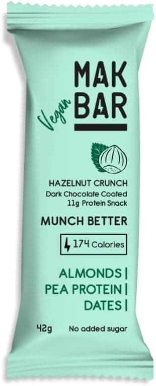 MAK BAR Vegan Protein Bar - Hazelnut Crunch Flavor - 10 count x 42g - 11gr protein snack, 174 calories - Almonds, Pea Protein & Dates, No added sugar , High Fibre, Vegan, Gluten Free