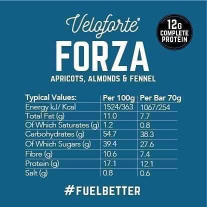Veloforte Forza Protein Bar - Apricots, Almonds and Fennel - 9 count x 70g - 12gr plant protein, 38gr Carbs, Ultimate Recovery Bar, 100% Natural, Vegetarian, Gluten Free