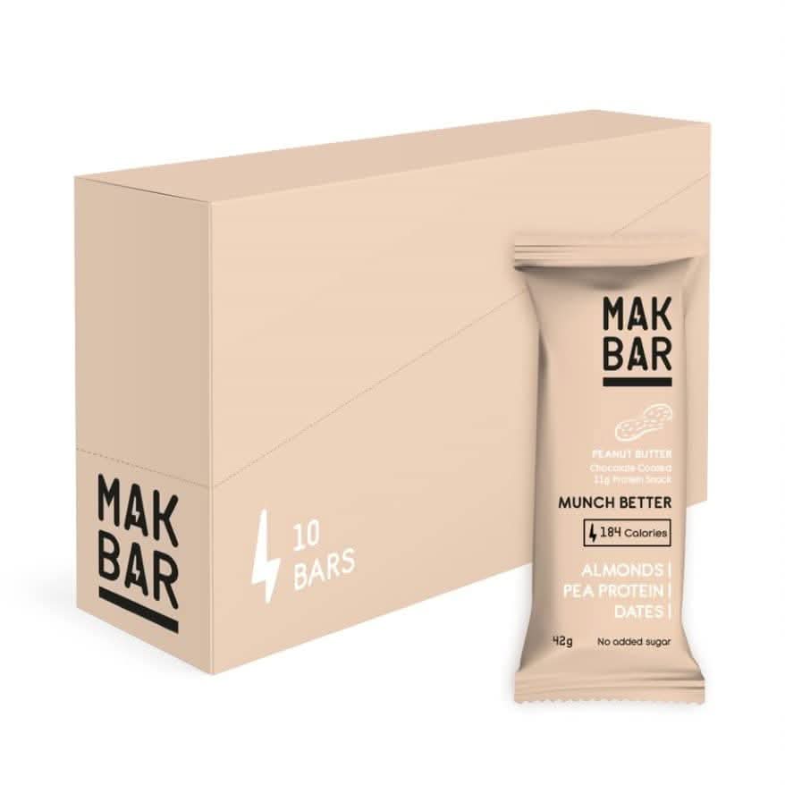 MAK BAR Peanut Butter Protein bar - 10 Count x 42g - 11gr protein snack, 184 calories - Almonds,Pea Protein & Dates,No added sugar ,High Fibre, Vegetarian, Gluten Free,Chocolate Coated