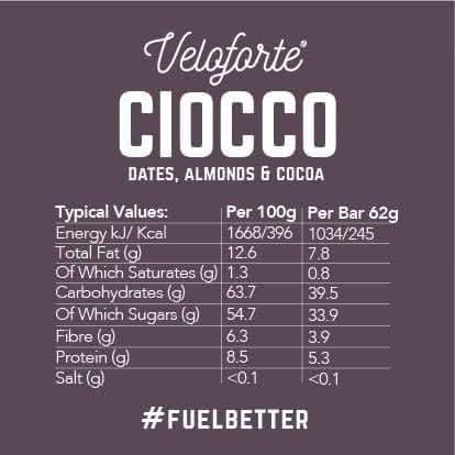 Veloforte Ciocco Energy Bar - Dates, Almonds and Cocoa - 9 count x 62g - 5gr plant protein, 40gr Carbs, Rich in Dual source Carbohydrates, 100% Natural, Vegetarian, Gluten Free