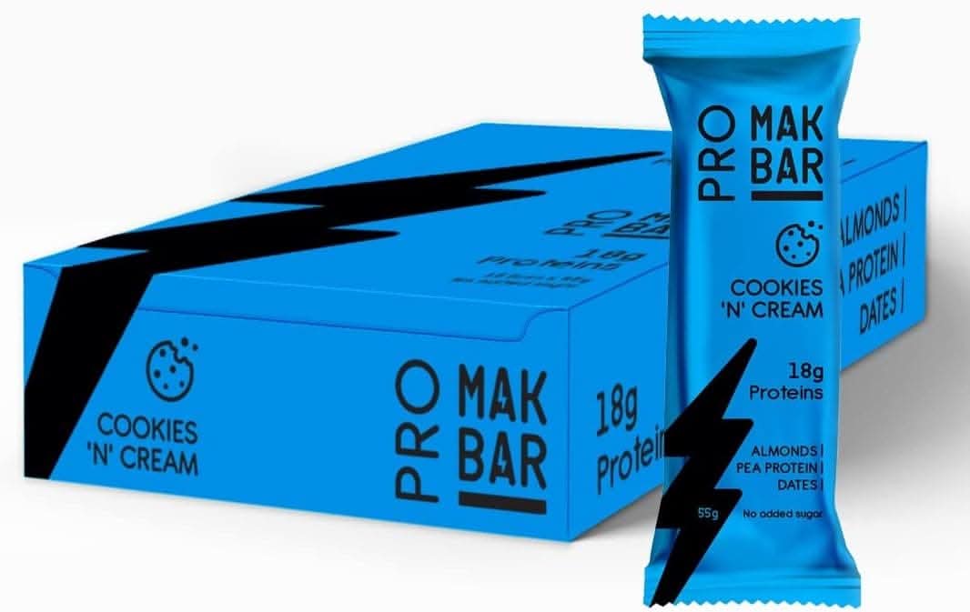 MAK BAR Pro Protein Bar - (Cookies 'N' Cream Flavour)- 12 count x 55g - 18gr protein snack, 218 Calories - Almonds, Pea Protein & Dates, No added sugar, High Fibre, Vegetarian, Post Workout Meal