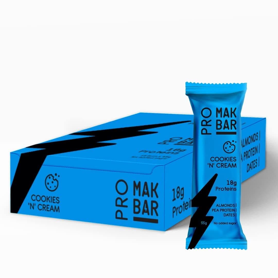 MAK BAR Pro Protein Bar - (Cookies 'N' Cream Flavour)- 12 count x 55g - 18gr protein snack, 218 Calories - Almonds, Pea Protein & Dates, No added sugar, High Fibre, Vegetarian, Post Workout Meal