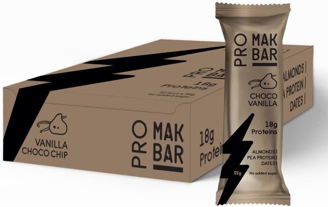 MAK BAR Pro Protein Bar - Vanilla Choco Chip Flavor - 12 count x 55g - 18gr protein snack, 218 Calories - Almonds, Pea Protein & Dates, No added sugar, High Fibre, Vegetarian, Post Workout Meal