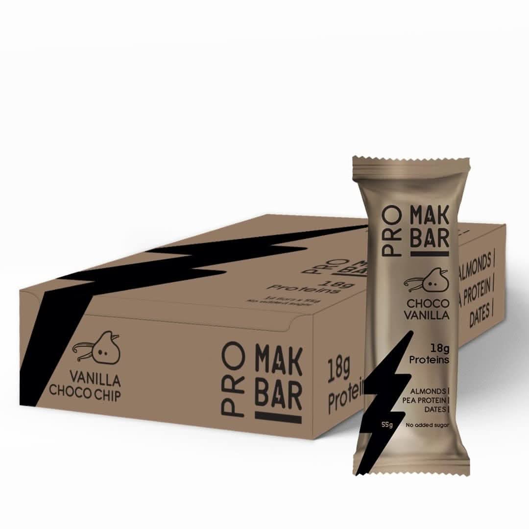 MAK BAR Pro Protein Bar - Vanilla Choco Chip Flavor - 12 count x 55g - 18gr protein snack, 218 Calories - Almonds, Pea Protein & Dates, No added sugar, High Fibre, Vegetarian, Post Workout Meal