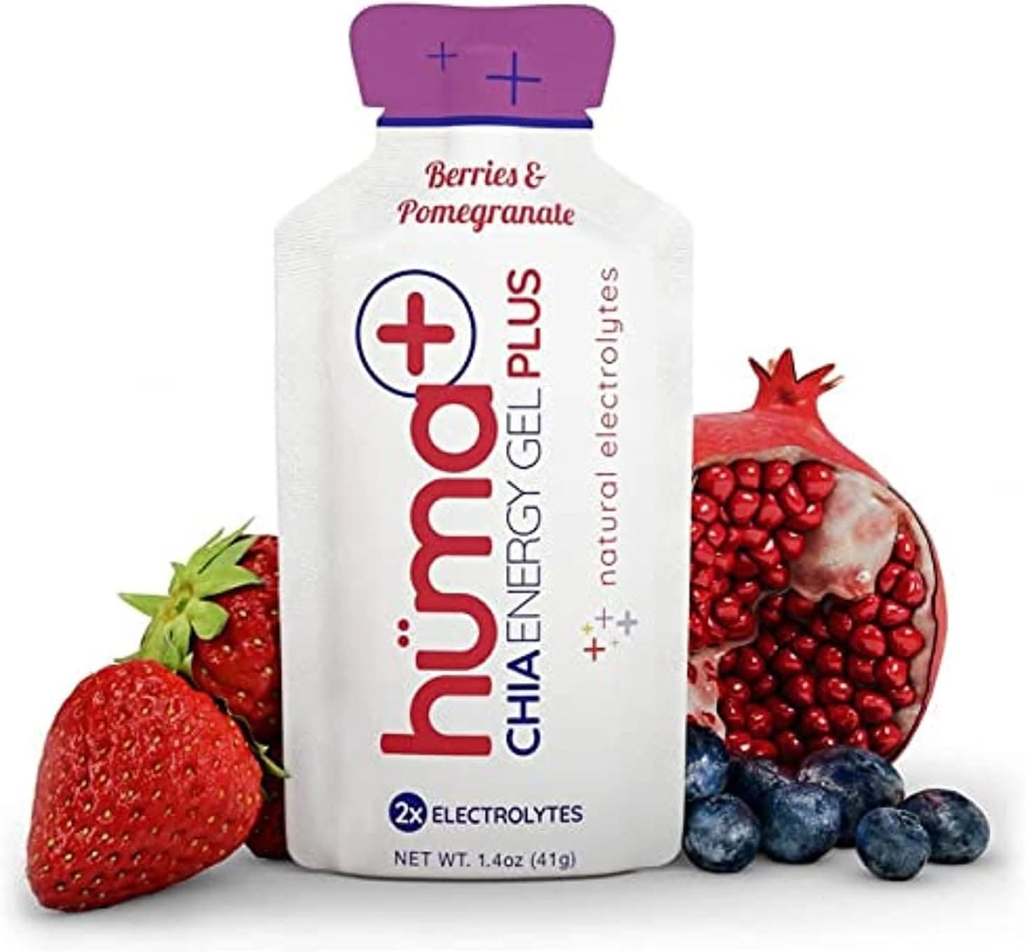 Huma Chia Energy Gel Plus - 9 count x 41g - 21gr Carbs, 240mg Sodium, 2x Electrolytes, 100% All Natural, Vegan, Gluten Free, Caffeine Free, No Stomach Problems, Easy Digestion Berries & Pomegranate