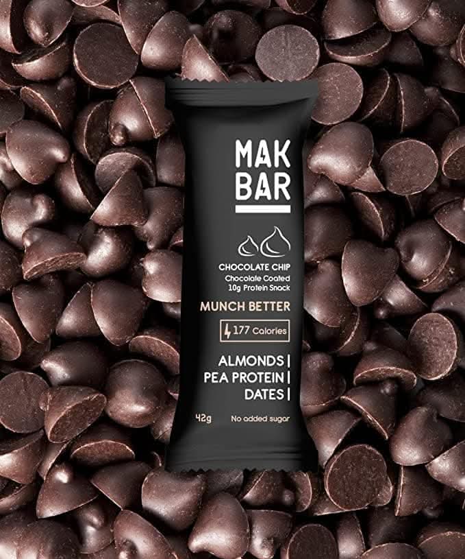 MAK BAR Chocolate Chip Protein bar - 10 count x 42g - 10gr protein snack - 177 calories - Almonds, Pea Protein & Dates - No added sugar, High Fibre, Vegetarian, Gluten Free