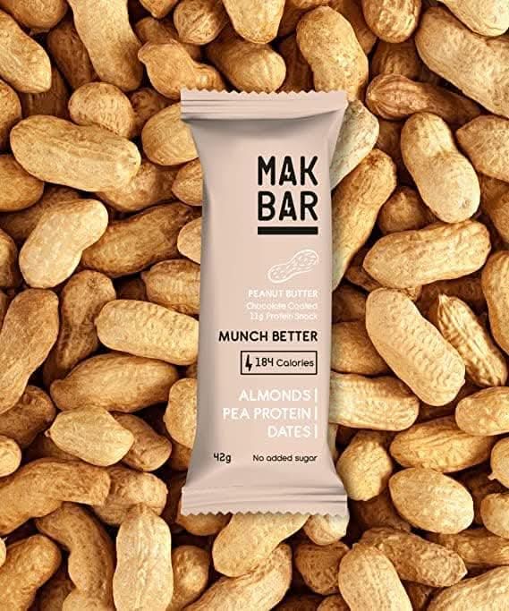 MAK BAR Peanut Butter Protein bar - 10 Count x 42g - 11gr protein snack, 184 calories - Almonds,Pea Protein & Dates,No added sugar ,High Fibre, Vegetarian, Gluten Free,Chocolate Coated