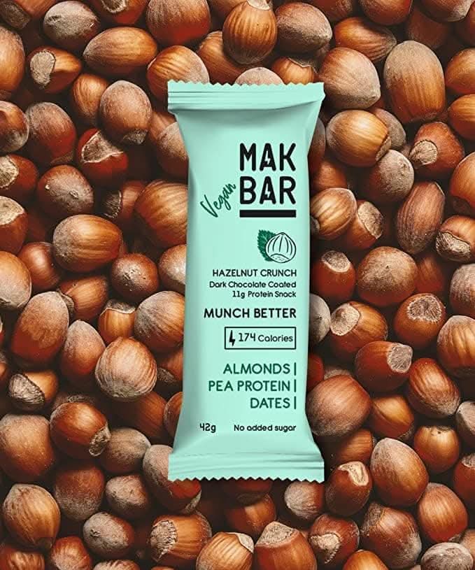 MAK BAR Vegan Protein Bar - Hazelnut Crunch Flavor - 10 count x 42g - 11gr protein snack, 174 calories - Almonds, Pea Protein & Dates, No added sugar , High Fibre, Vegan, Gluten Free