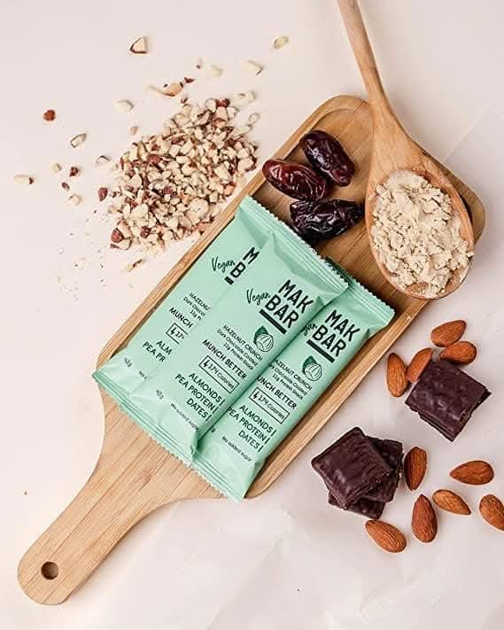 MAK BAR Vegan Protein Bar - Hazelnut Crunch Flavor - 10 count x 42g - 11gr protein snack, 174 calories - Almonds, Pea Protein & Dates, No added sugar , High Fibre, Vegan, Gluten Free