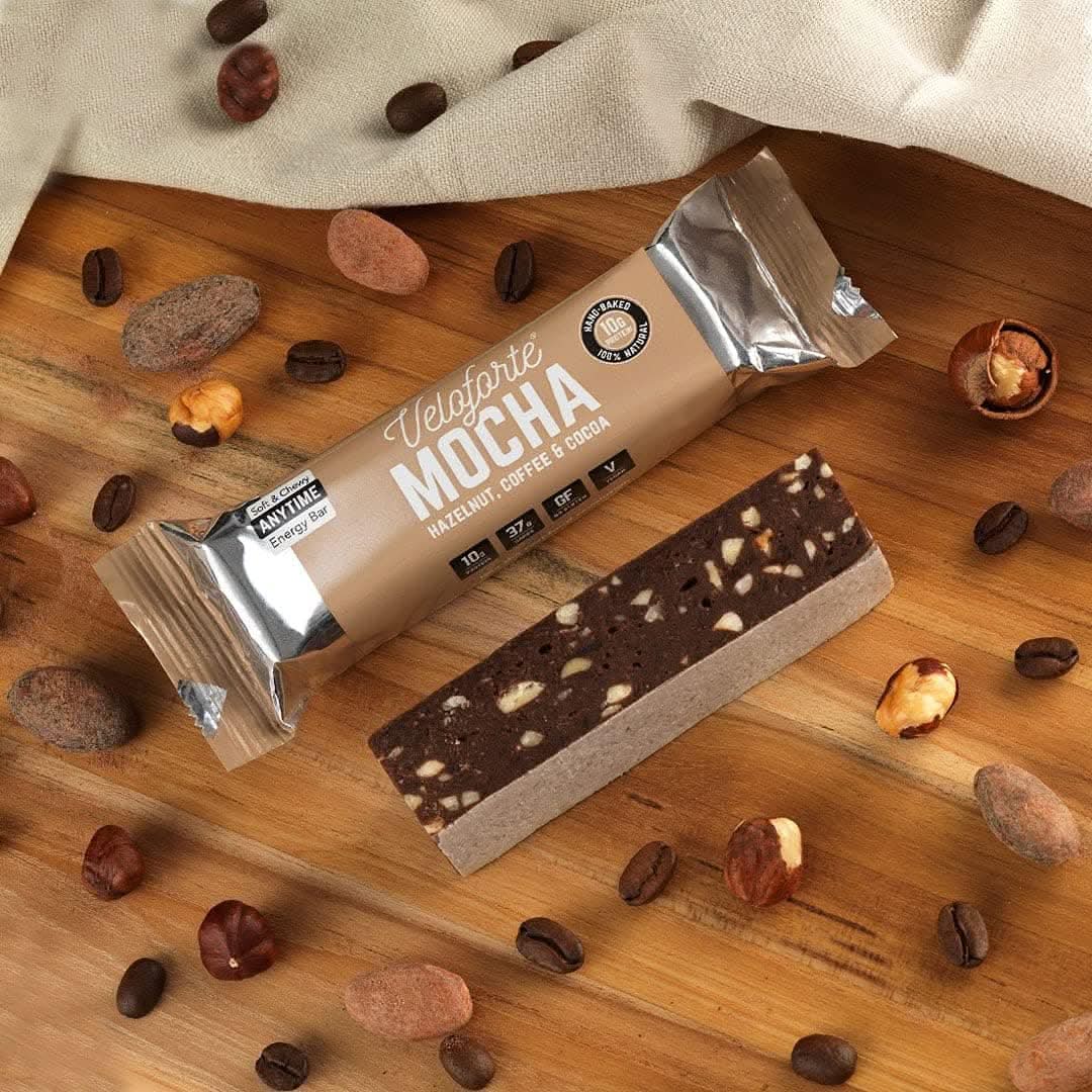 Veloforte Mocha Protein Bar - Hazelnut, Coffee and Cocoa - 9 count x 70g - 10gr plant protein, 37gr Carbs, Optimal Workout Refuelling Bar, 100% Natural, Vegan, Gluten Free
