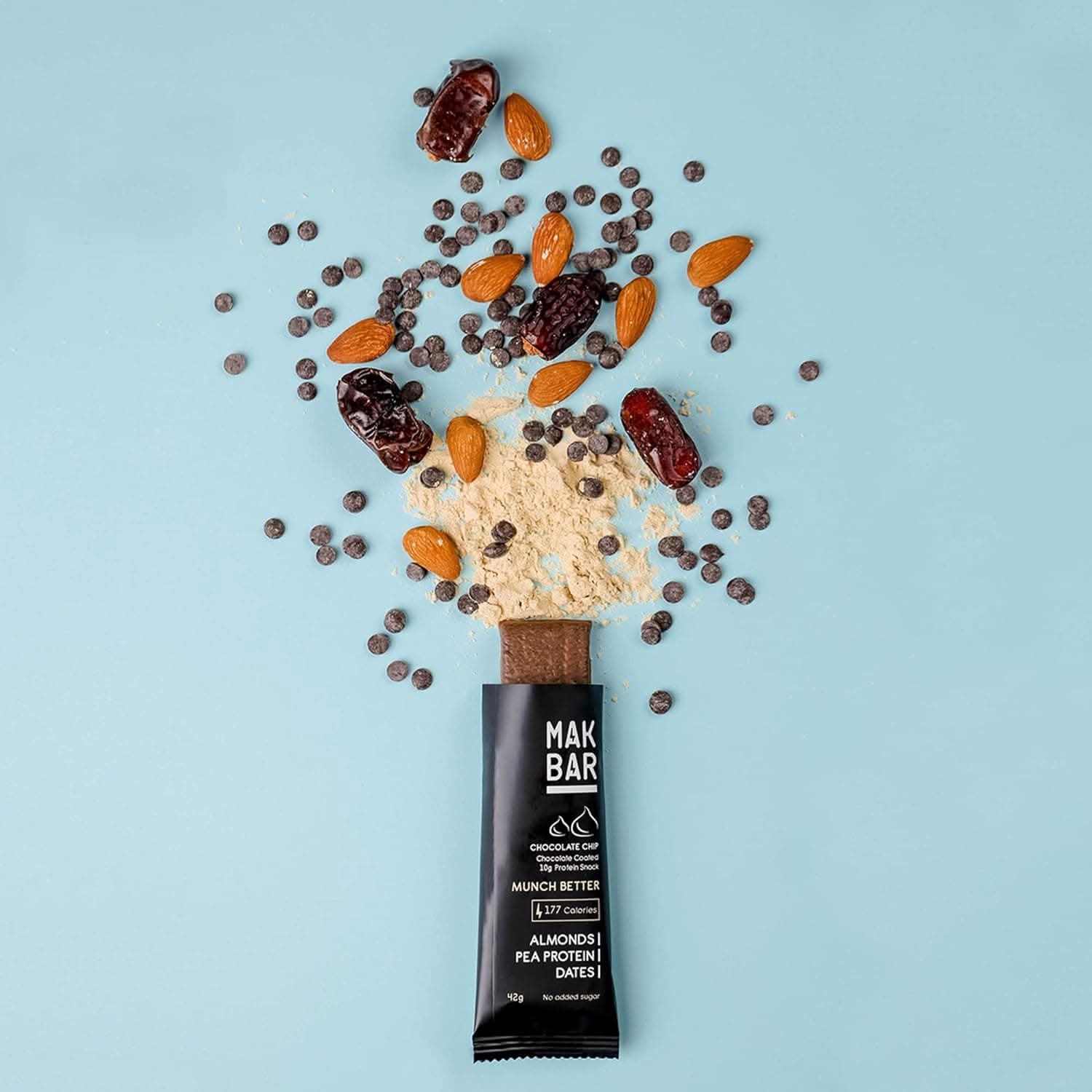 MAK BAR Chocolate Chip Protein bar - 10 count x 42g - 10gr protein snack - 177 calories - Almonds, Pea Protein & Dates - No added sugar, High Fibre, Vegetarian, Gluten Free