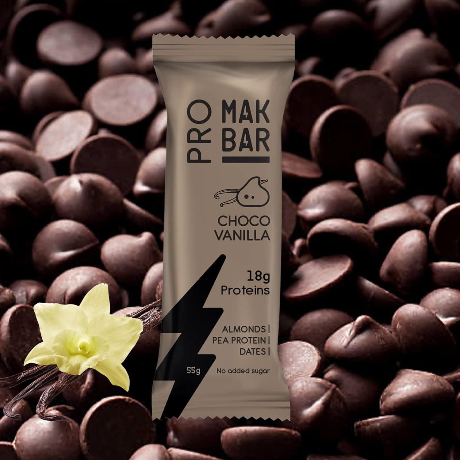 MAK BAR Pro Protein Bar - Vanilla Choco Chip Flavor - 12 count x 55g - 18gr protein snack, 218 Calories - Almonds, Pea Protein & Dates, No added sugar, High Fibre, Vegetarian, Post Workout Meal