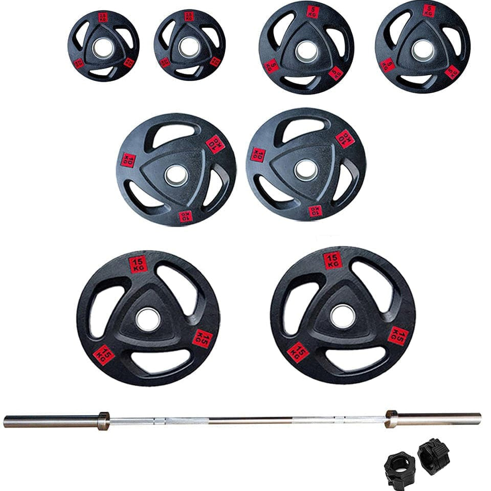Combo 1441 Fitness 6 Ft Olympic Barbell with Black Olympic Tri Grip Plates Set | 80 kg
