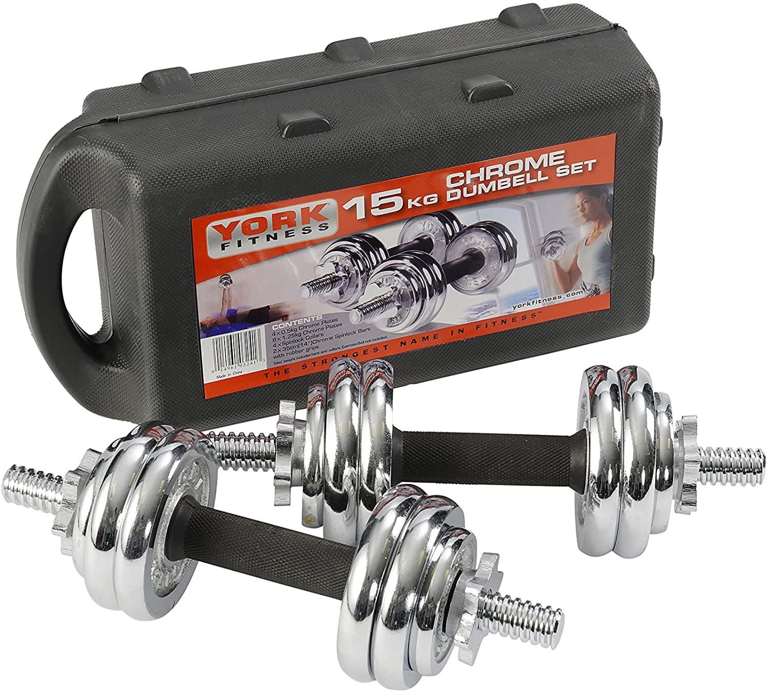 MF York Fitness Chrome Dumbbell Set and Case, 15kg