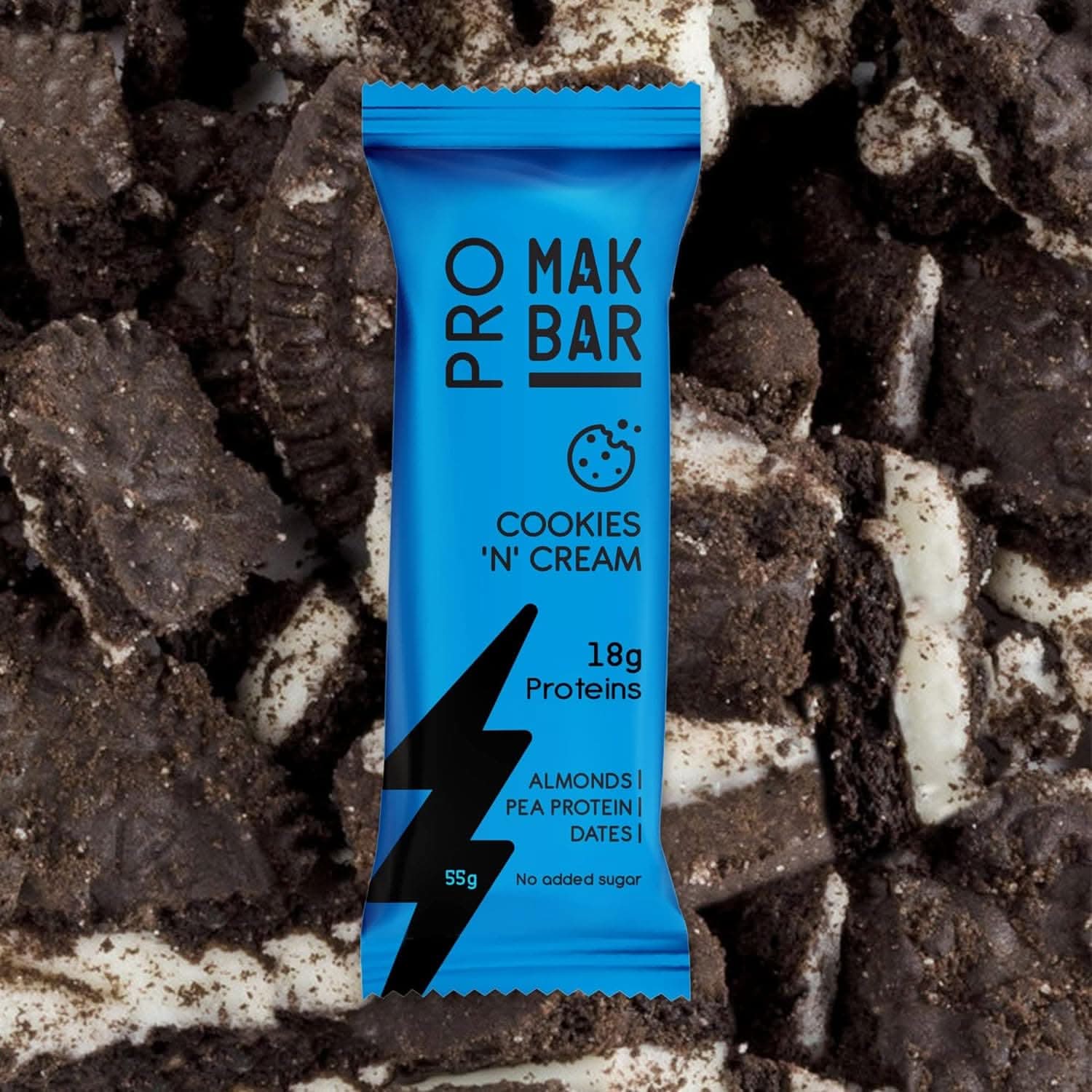 MAK BAR Pro Protein Bar - (Cookies 'N' Cream Flavour)- 12 count x 55g - 18gr protein snack, 218 Calories - Almonds, Pea Protein & Dates, No added sugar, High Fibre, Vegetarian, Post Workout Meal