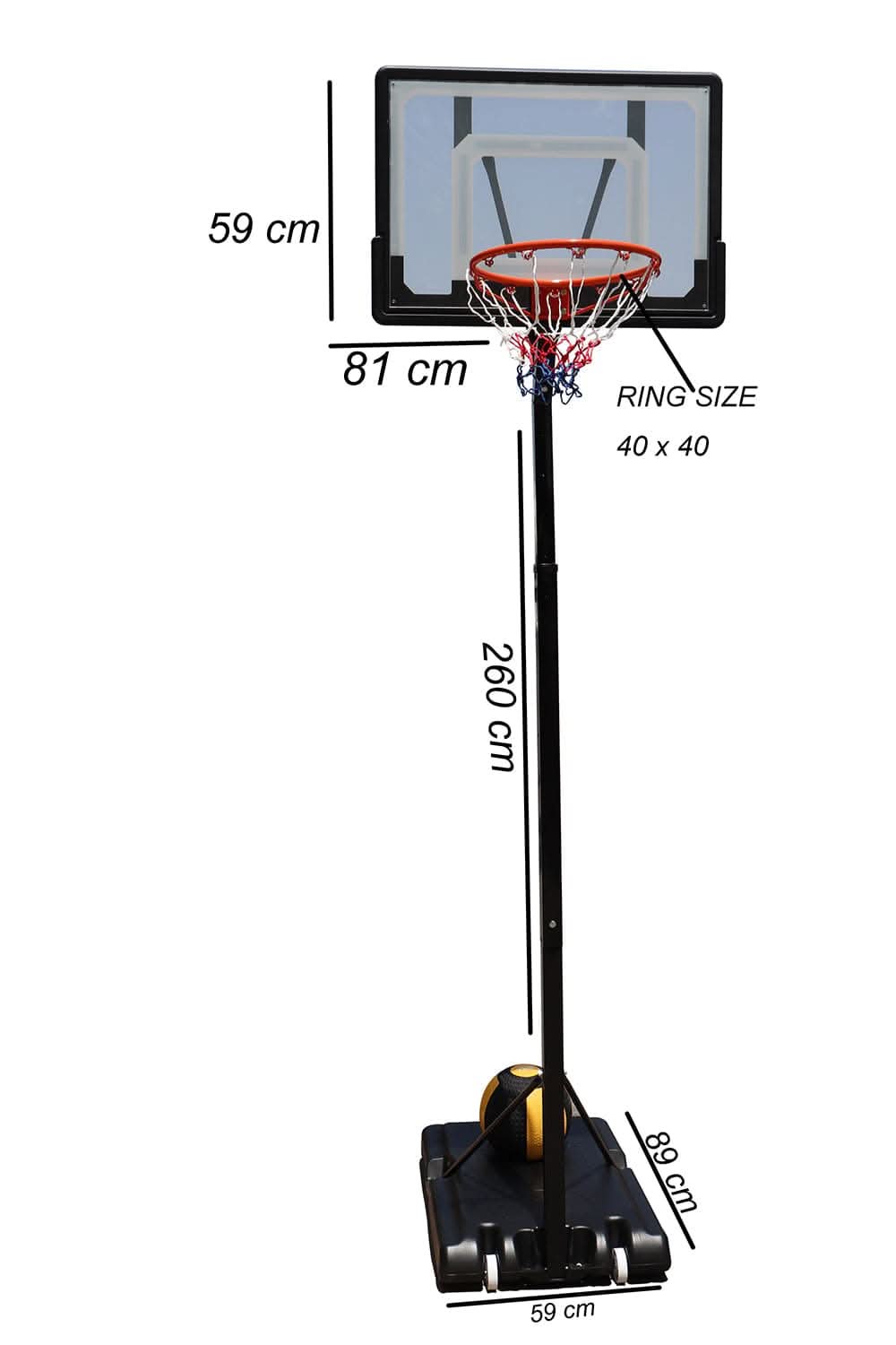 MF Adjustable Basketball Hoop with Board & Stand - 260cm Height, 40cm Rim Diameter, 59x81cm Backboard
