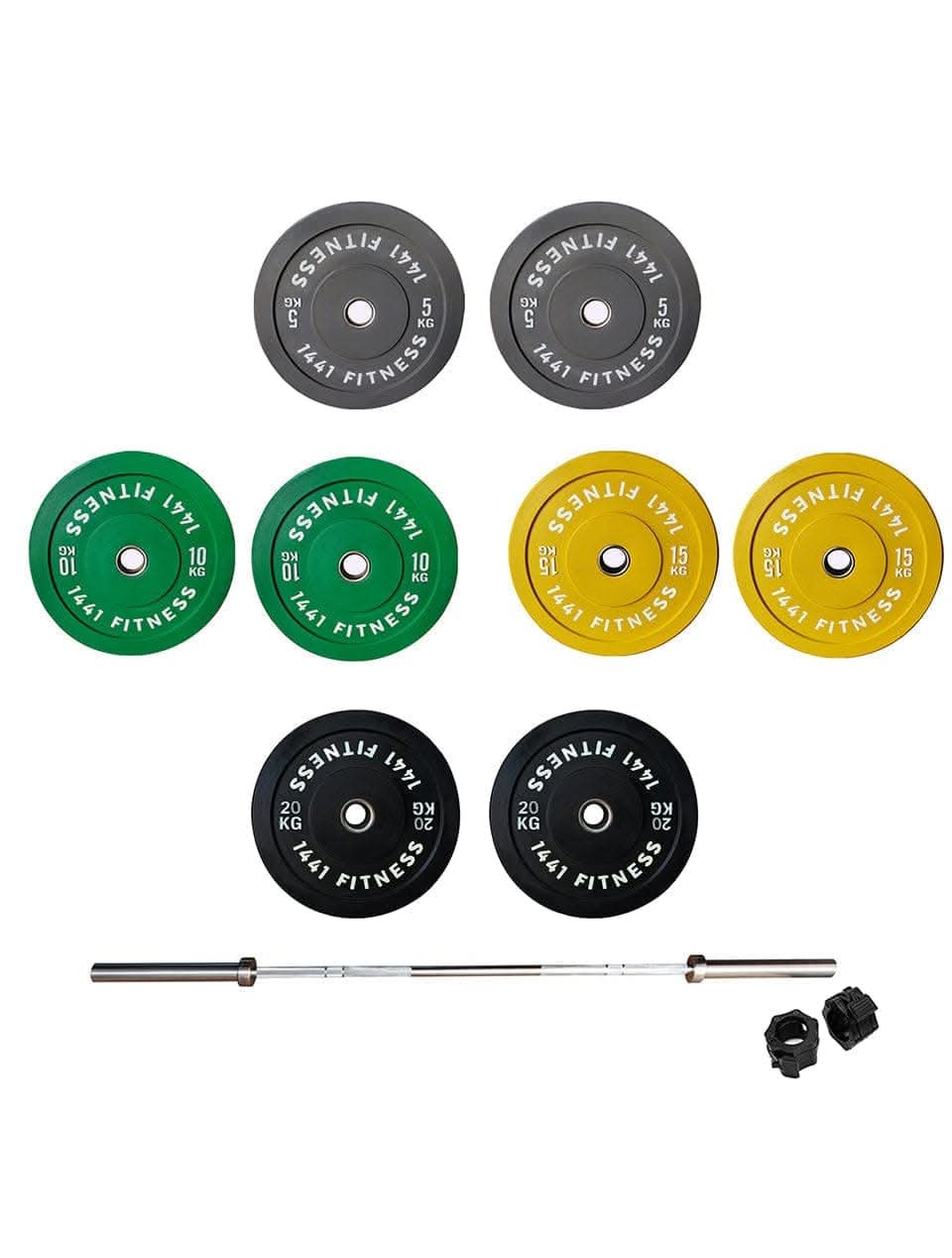 Combo 7 Ft Olympic Barbell and Color Bumper Plate Set - 120 Kg 1441 Fitness