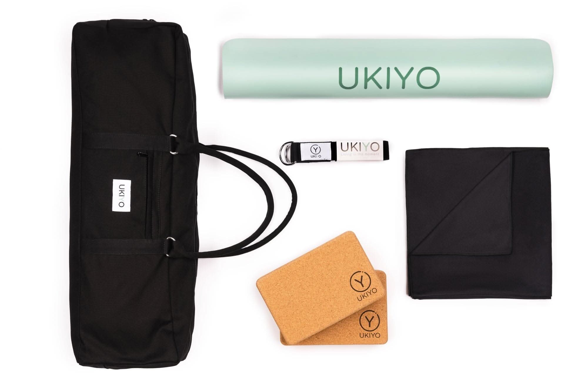 Combo Ukiyo Mat Set (Carrying Bag & Mat, Yoga Towel, Yoga Strap, Cork Blocks (2)) Green