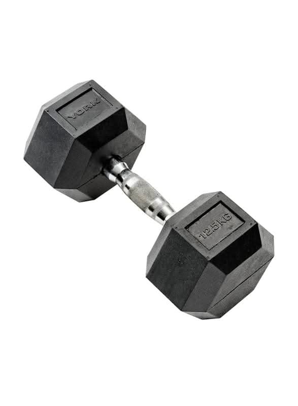 York, Commercial Rubber Hex Dumbbell, 35005, Black