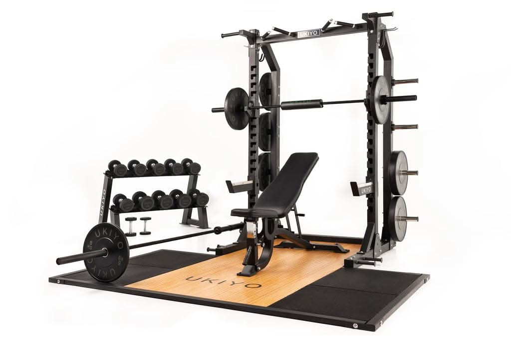 Combo Ukiyo Sensei Set (Squat Rack with Bench, 6 Kg - 16 Kg Dumbbells with Rack, 150 Kg Barbell Set, Barbell Pad, Elastic Band & Suspension Trainer)
