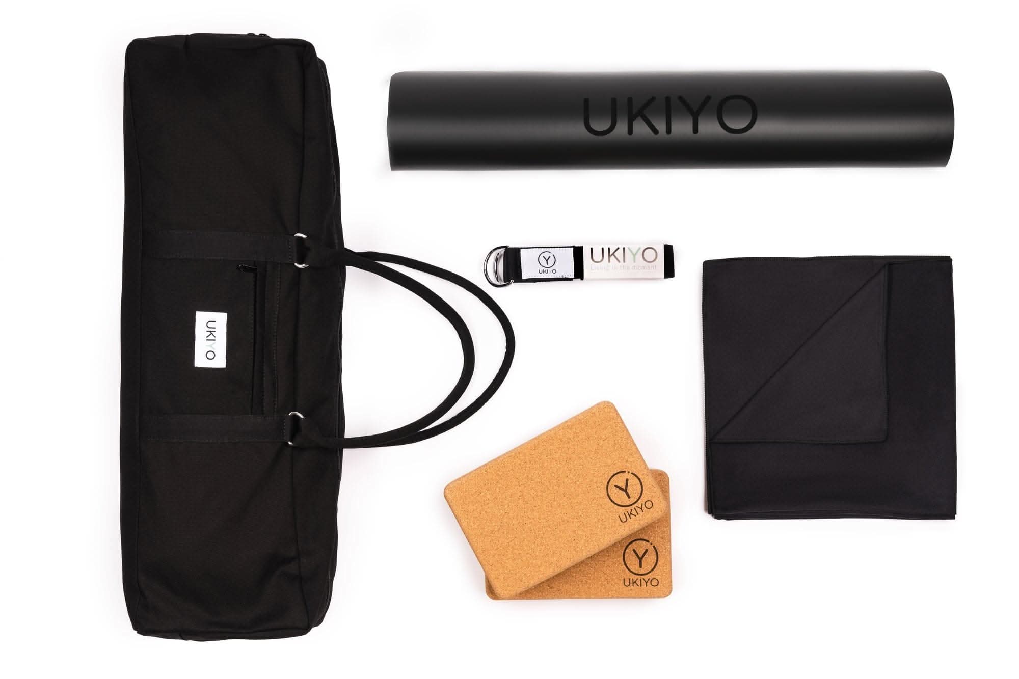 Combo Ukiyo Mat Set (Carrying Bag & Mat, Yoga Towel, Yoga Strap, Cork Blocks (2)) Black