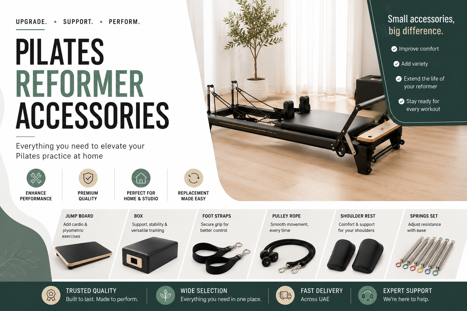 Pilates Reformer Accessories in the UAE | Best Attachments, Replacement Parts & Equipment for Home