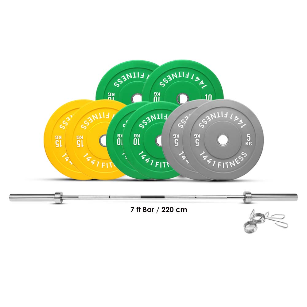 Combo 7 Ft Olympic Barbell and Color Bumper Plate Set - 100 KG | 1441 Fitness - Athletix.ae