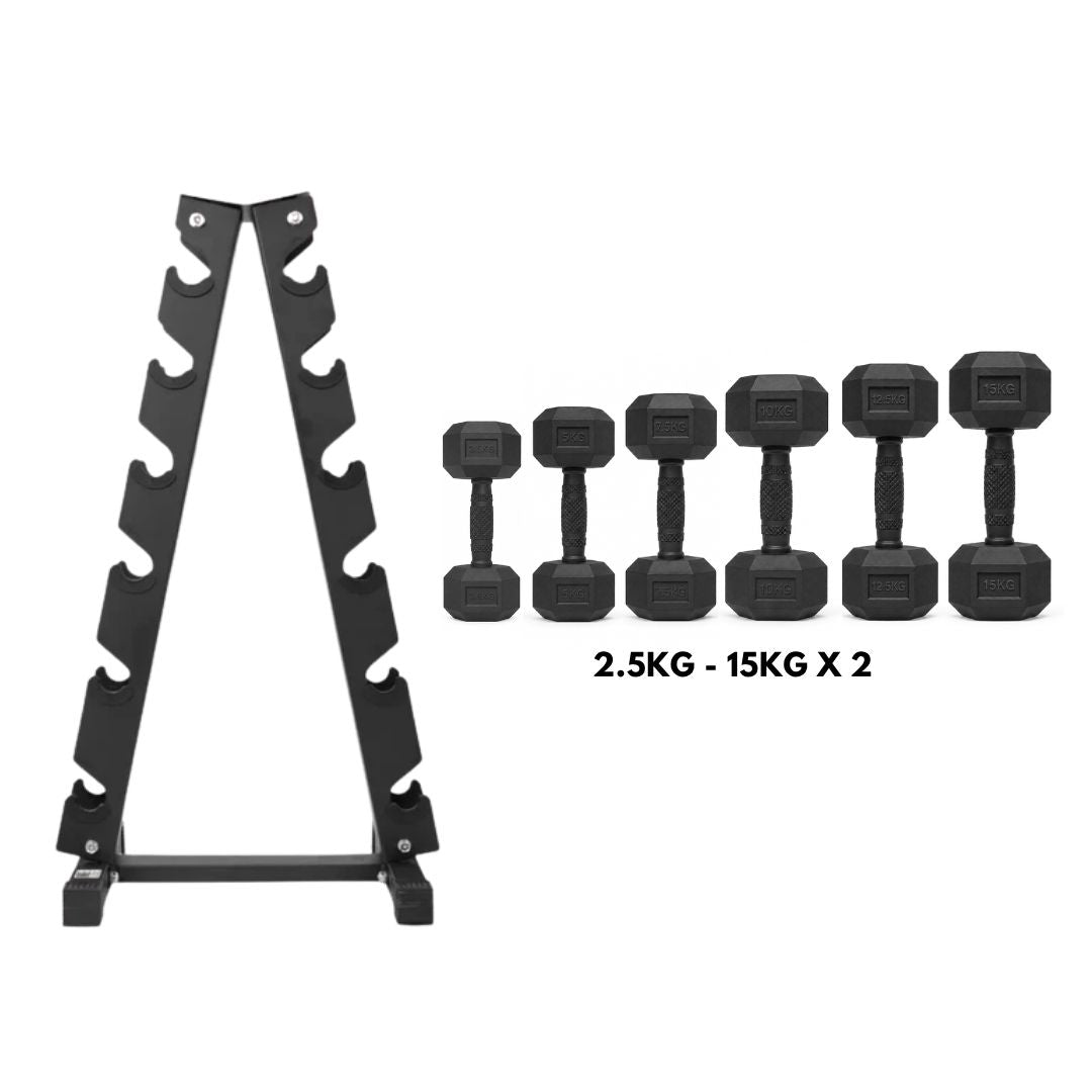 Liftdex Rubber Coated Dumbbell Set Combo (2.5kg–45kg) with Level Fitness 6 Pair Vertical Dumbbell Rack