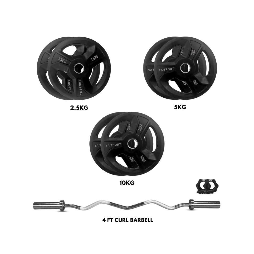 Ta Sport Olympic Rubber Plates (2.5kg, 5kg & 10kg) with Level Fitness 4 Ft Olympic Curl Barbell Combo