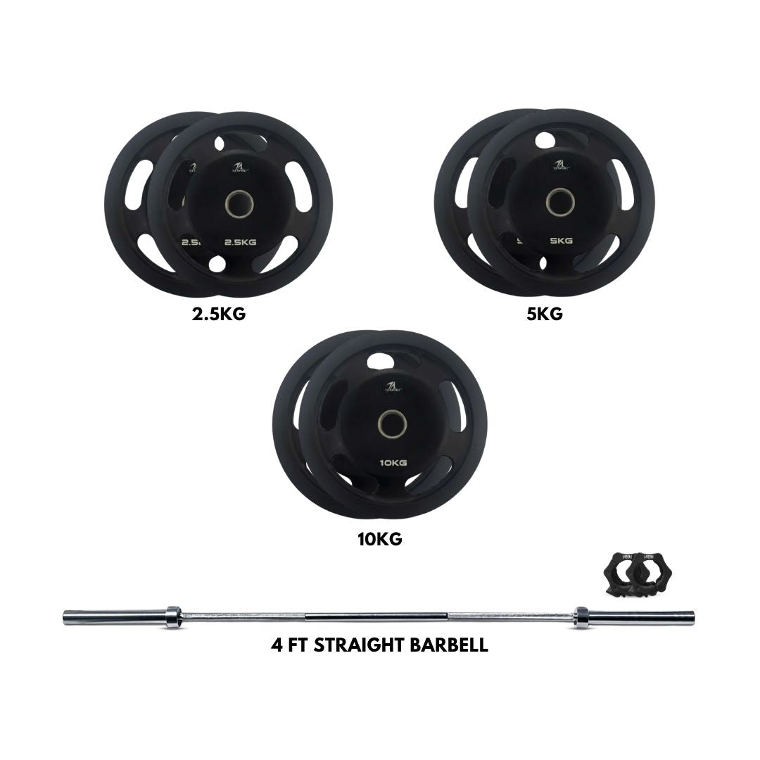 Ta Sport Olympic Rubber Plates (2.5kg, 5kg & 10kg) with Level Fitness 4 Ft Olympic Straight Barbell Combo