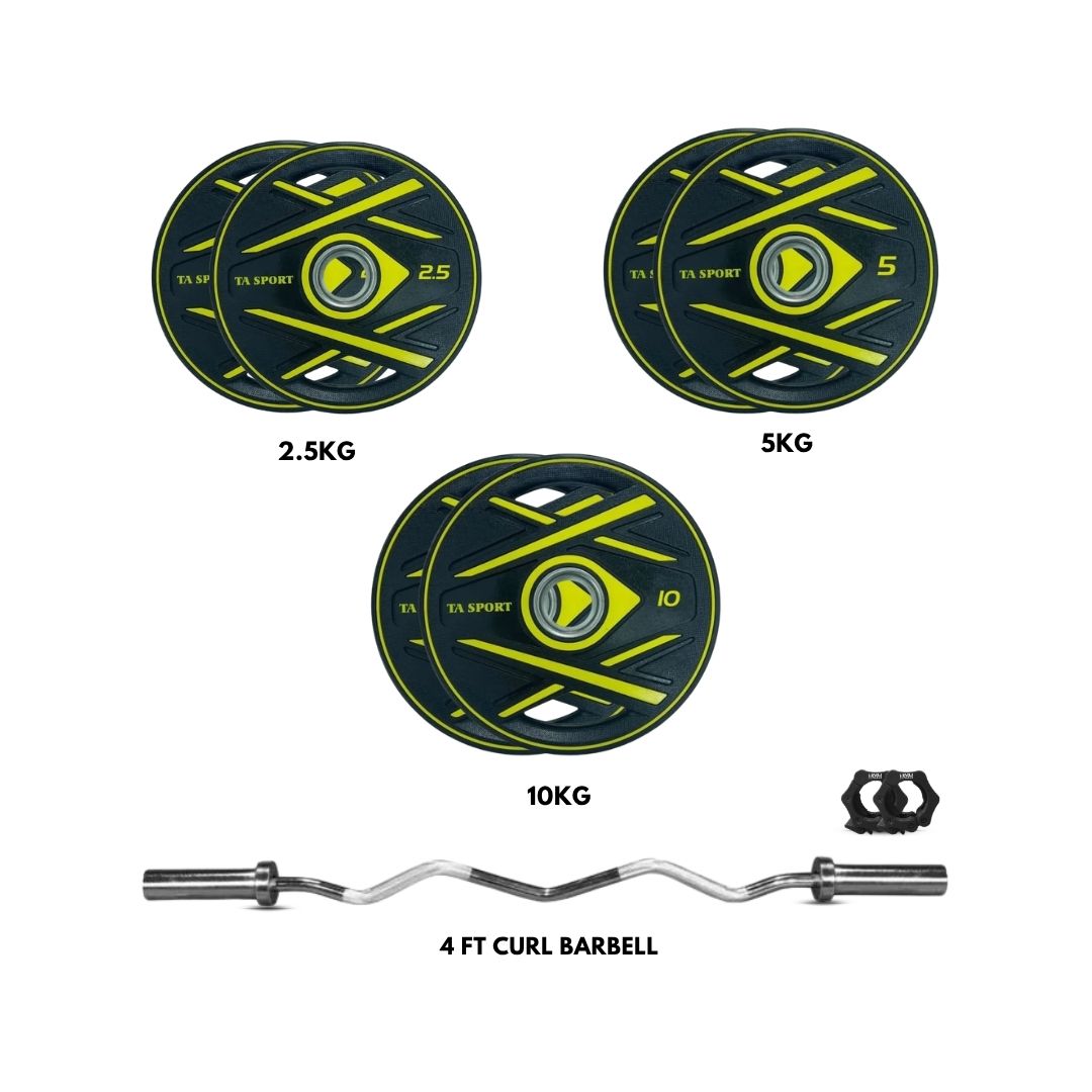 Ta Sport CPU Coated Olympic Weight Plates (2.5kg, 5kg & 10kg) with Level Fitness 4 Ft Olympic Curl Barbell Combo