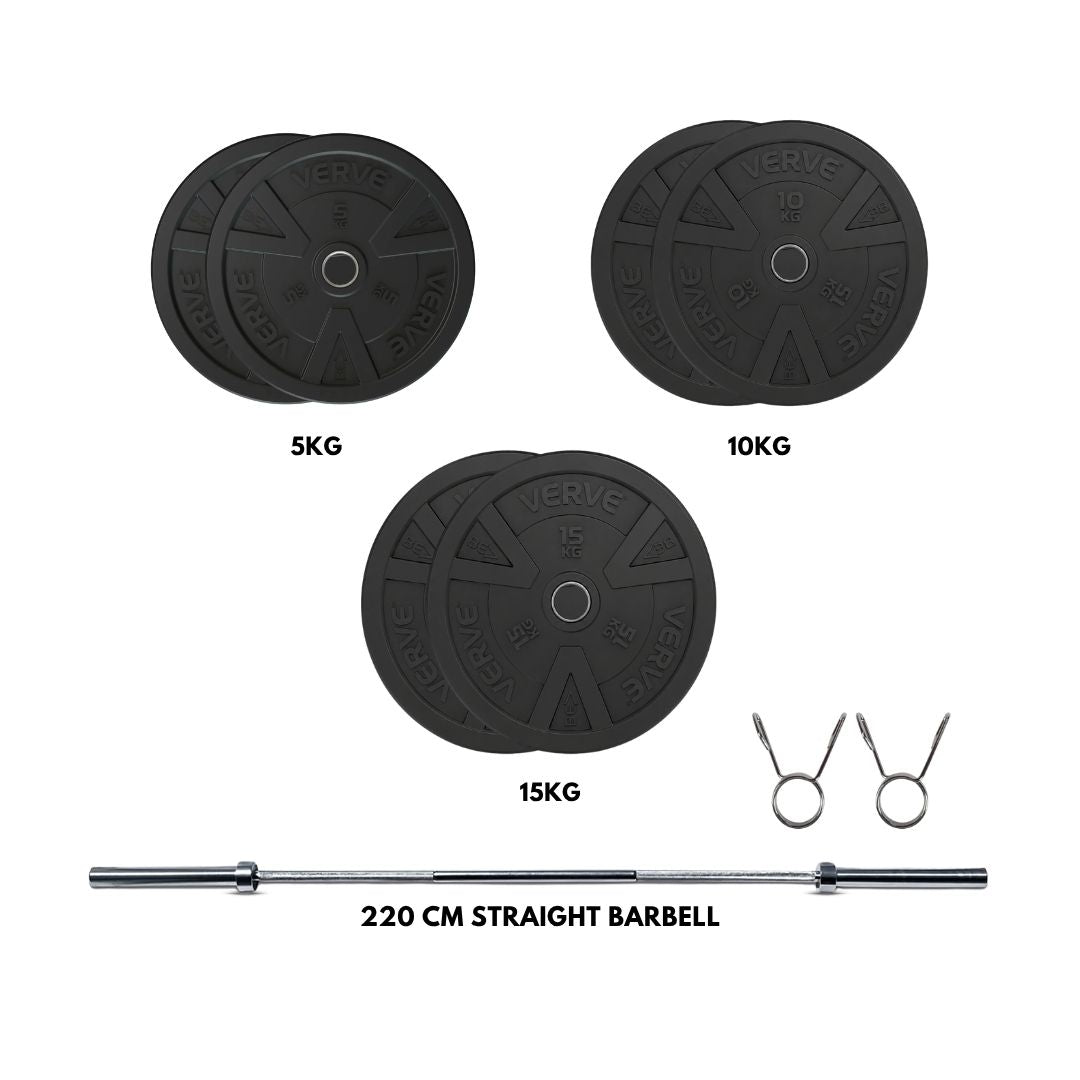 VERVE Black Rubber Bumper Plate Set (80kg) with TA SPORT 220cm Olympic Weightlifting Barbell Combo