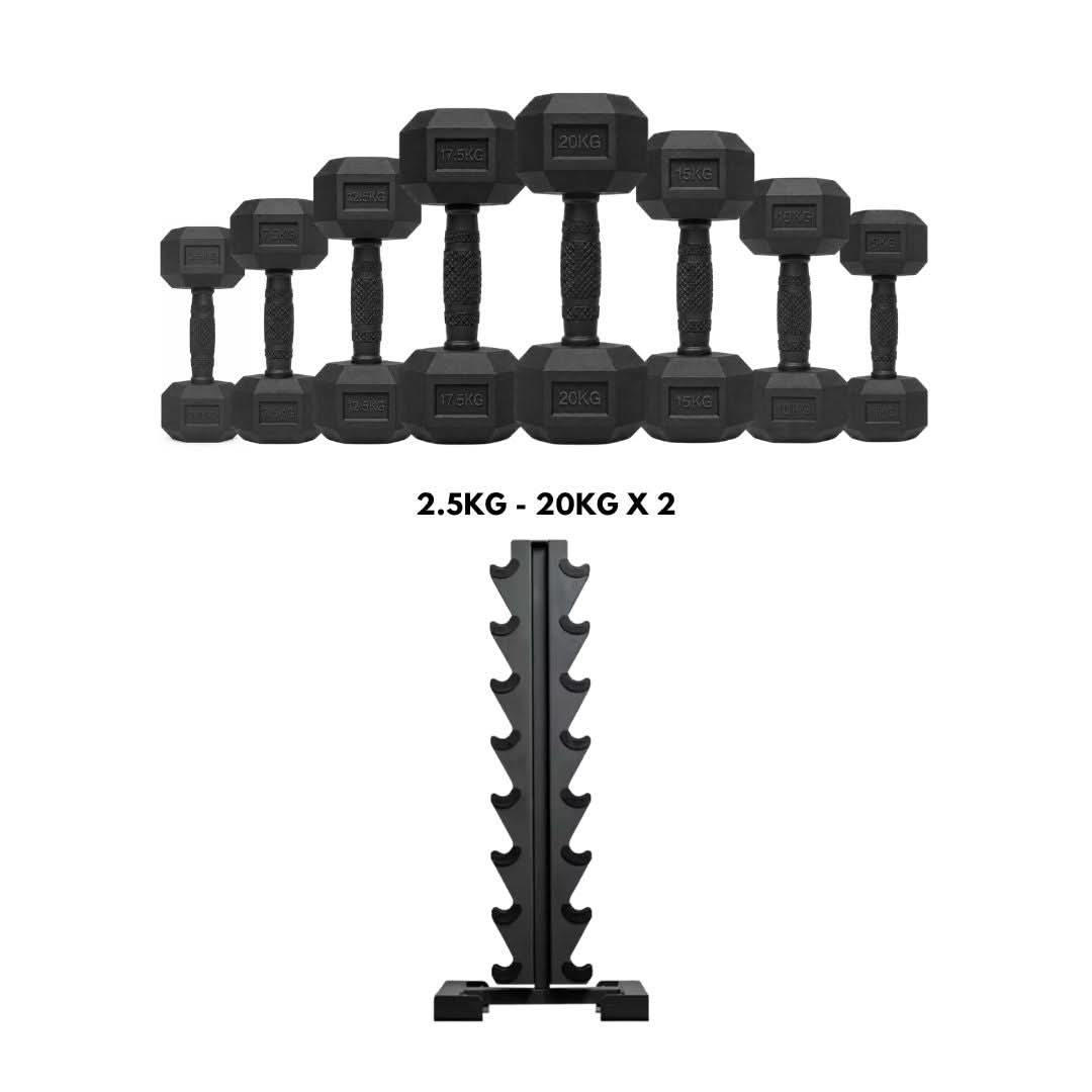 Liftdex Rubber Coated Dumbbell Combo Set (2.5kg–45kg) with Level Fitness 8 Pair Vertical Dumbbell Rack