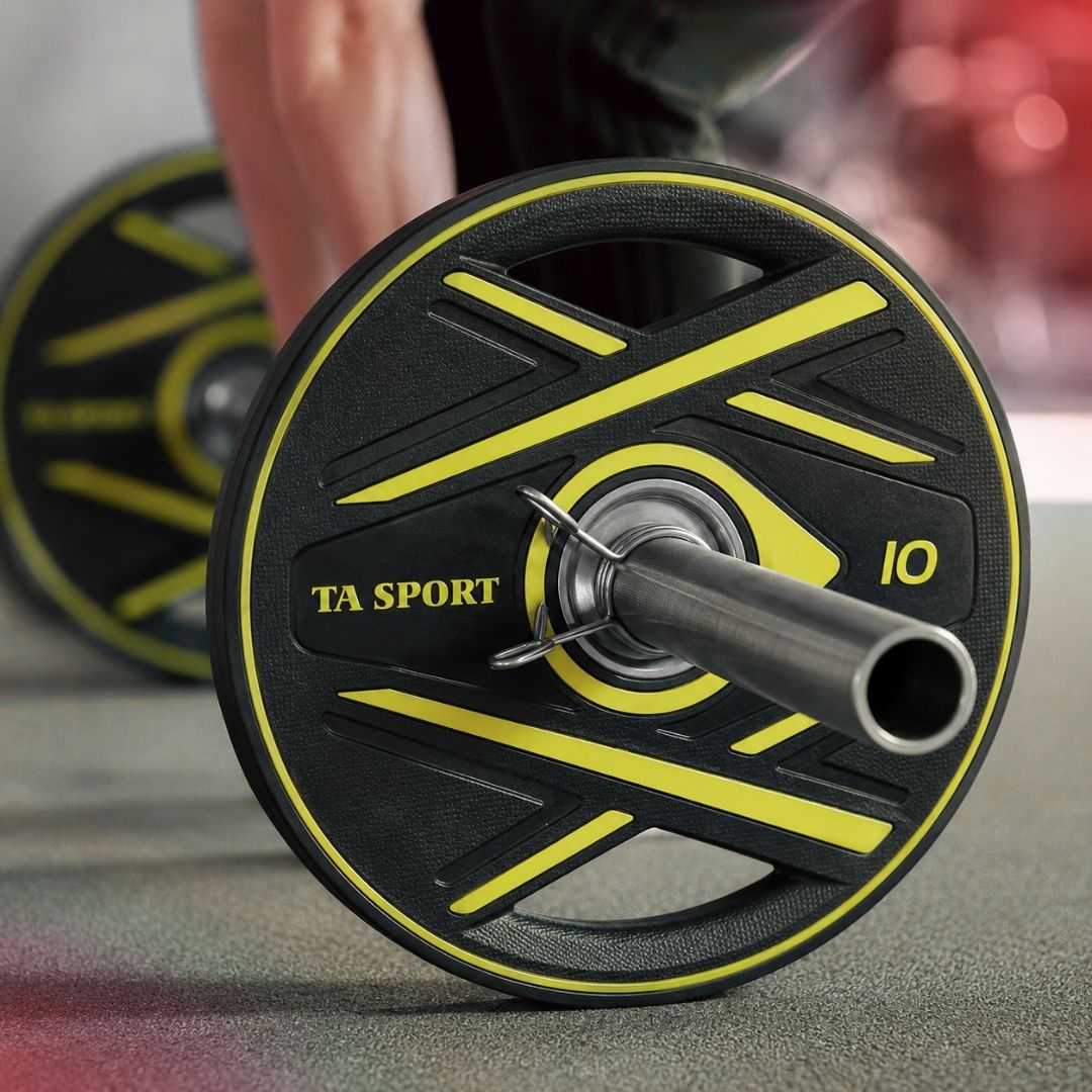 Ta Sport CPU Coated Olympic Weight Plates (2.5kg, 5kg & 10kg) with Level Fitness 4 Ft Straight Olympic Barbell Combo