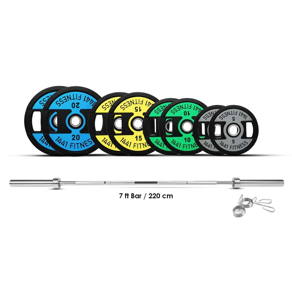 Combo 1441 Fitness 7 Ft Olympic Barbell With Dual Grip Olympic Plates Set | 120 Kg - Athletix.ae