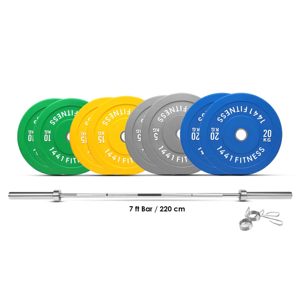 Combo 7 Ft Olympic Barbell And Color Bumper Plate Set - 120 Kg | 1441 Fitness - Athletix.ae