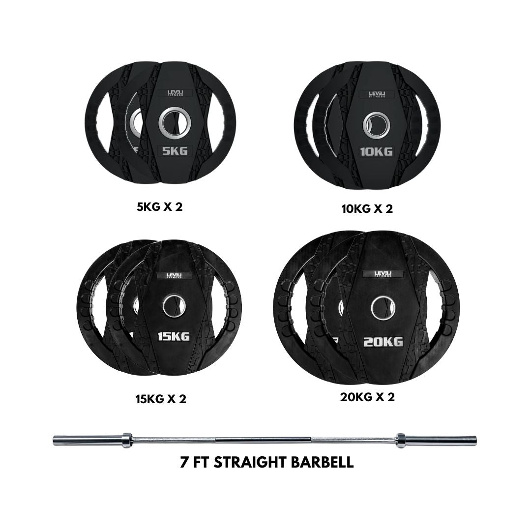 Level Fitness Dual-Grip Olympic Plate & Barbell Combo | 120KG Sets