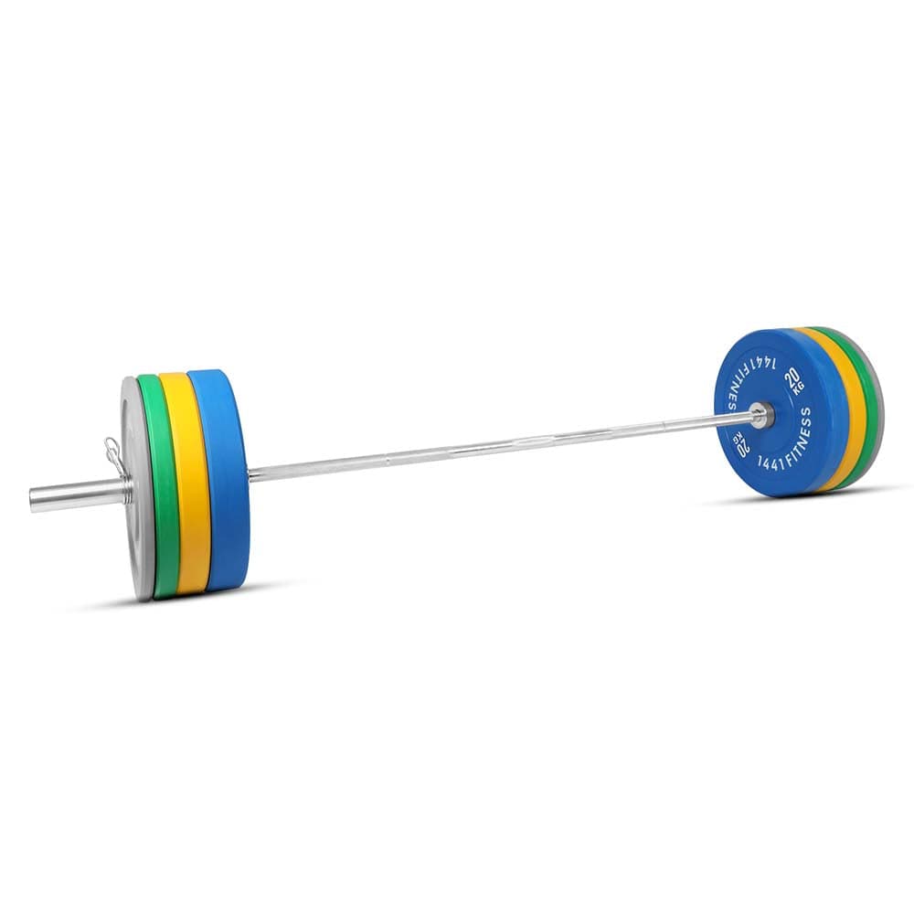 Combo 7 Ft Olympic Barbell And Color Bumper Plate Set - 120 Kg | 1441 Fitness - Athletix.ae