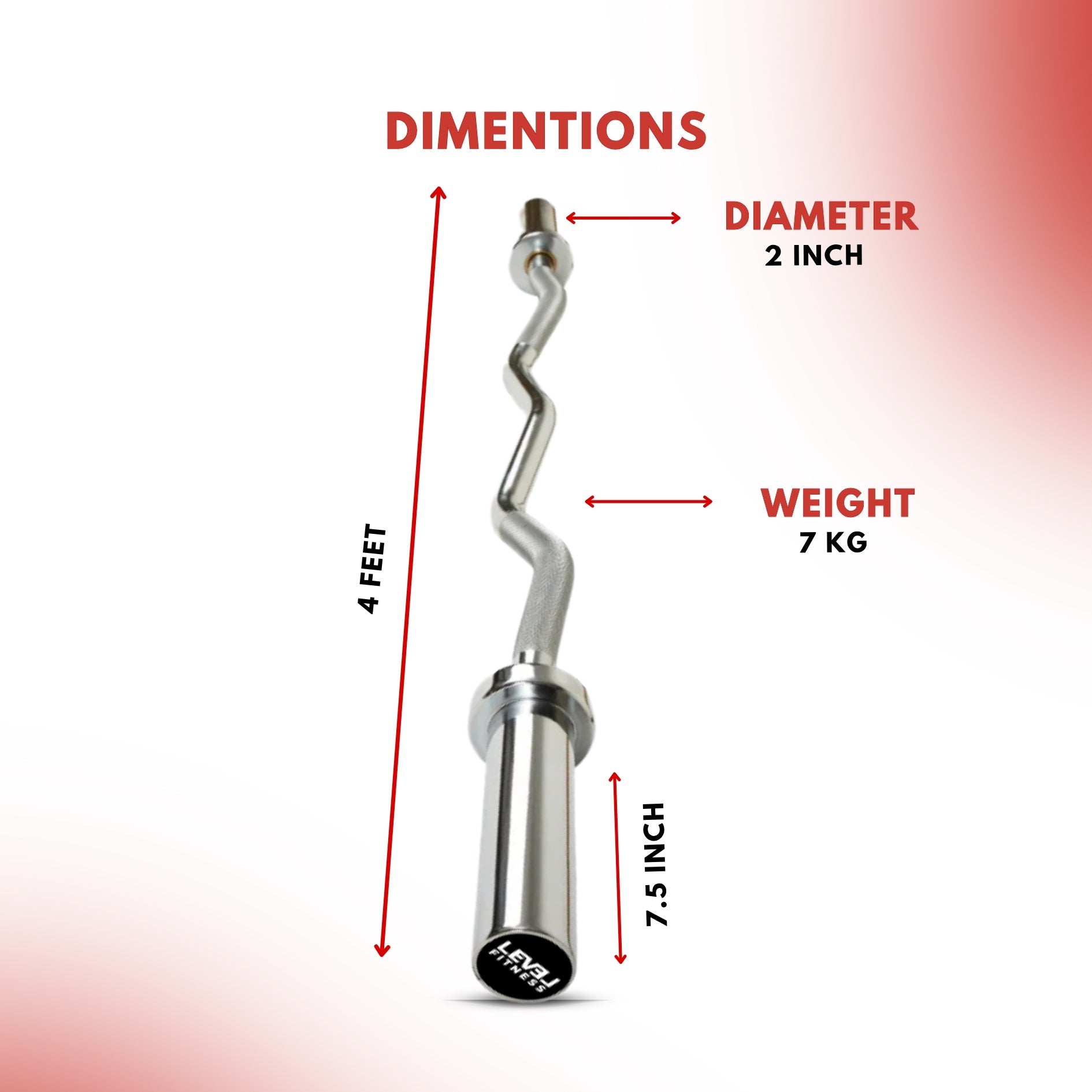 Level Fitness 4 Ft Olympic Size EZ Curl Barbell with Collars | 7 kg