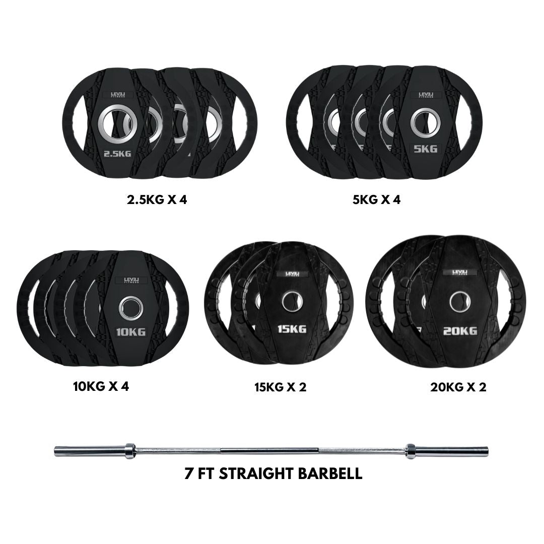 Level Fitness Dual-Grip Olympic Plate & Barbell Combo | 160KG Sets